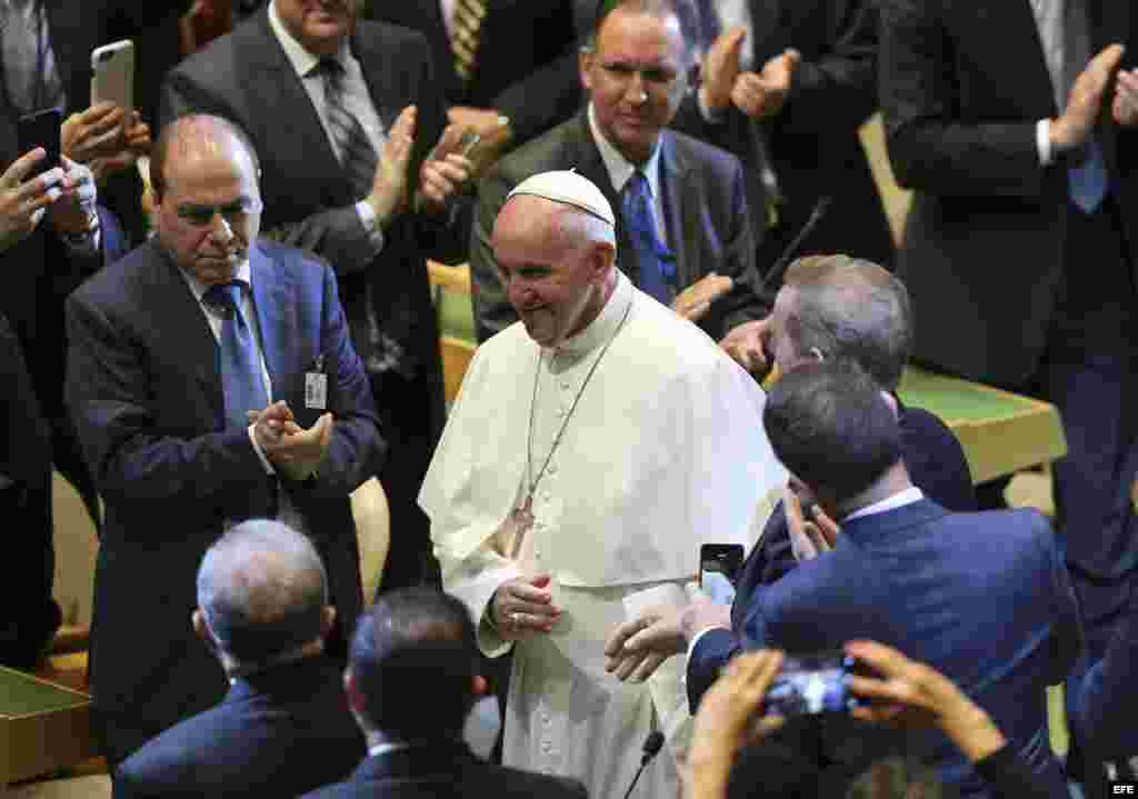 El papa francisco a su llegada a la sede de Naciones Unidas en Nueva York.