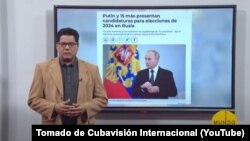 Fotograma de un espacio de Cubavisión Internacional dedicado "al escenario preelectoral ruso en el contexto actual de conflicto con Ucrania", transmitido en febrero de 2024.